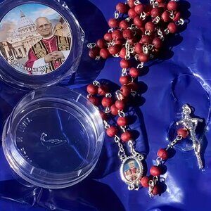 Papa Leone XIV Wood Rosary Beads Red Brown Rose Scented Crucifix